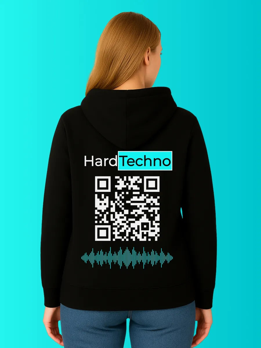 Sweat QR Code Le Hard Techno Bleu – porté femme dos