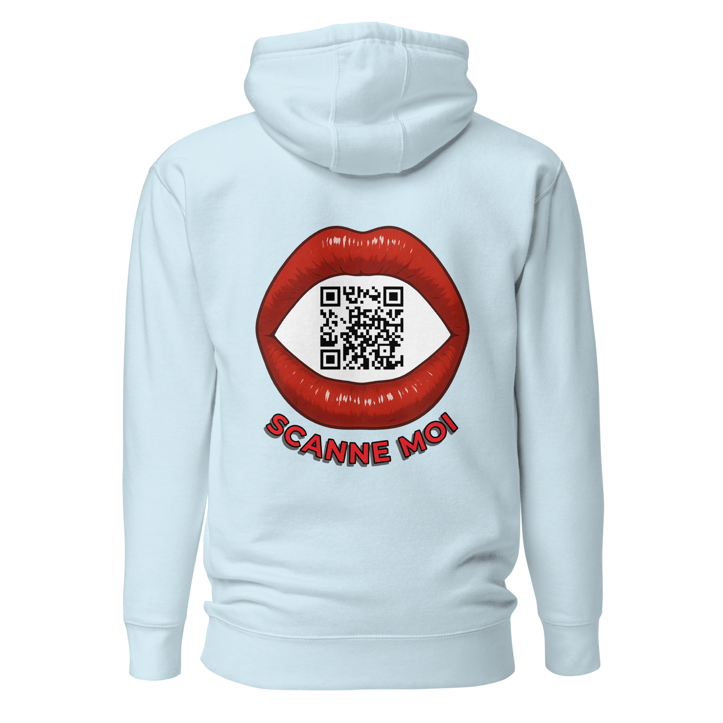 Sweat QR Code personnalisé La Bouche bleu – dos avec phrase Scannez Moi
