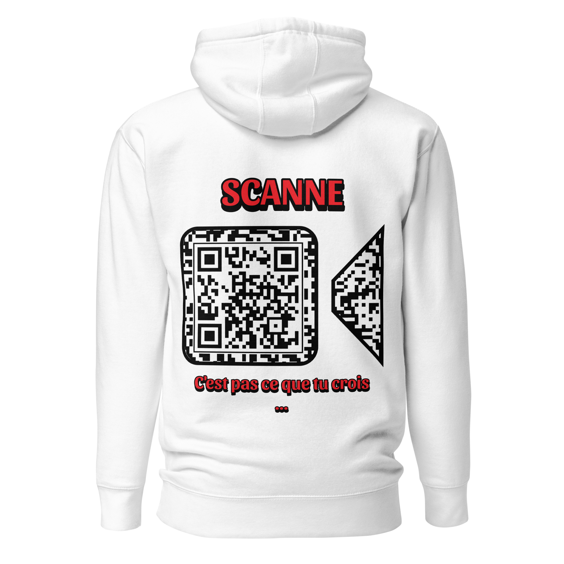Sweat QR Code personnalisé La Caméra blanc – dos avec phrase C’est pas ce que tu crois