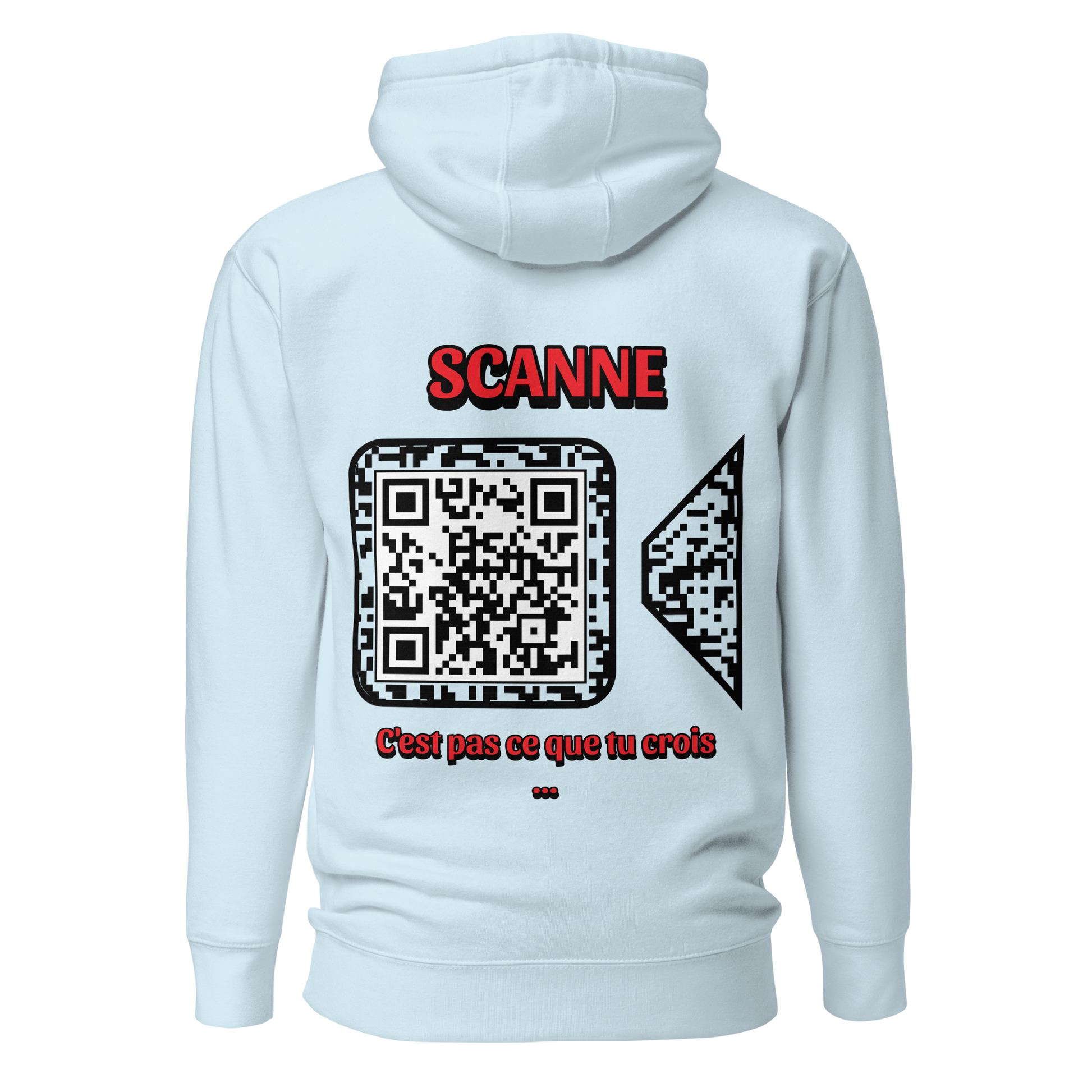 Sweat QR Code personnalisé La Caméra bleu – dos avec phrase C’est pas ce que tu crois