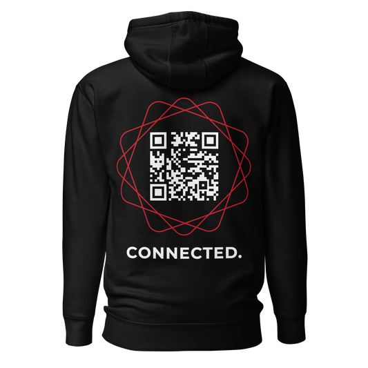 Sweat QR Code original Le Connected noir et rouge – dos avec QR code central stylisé