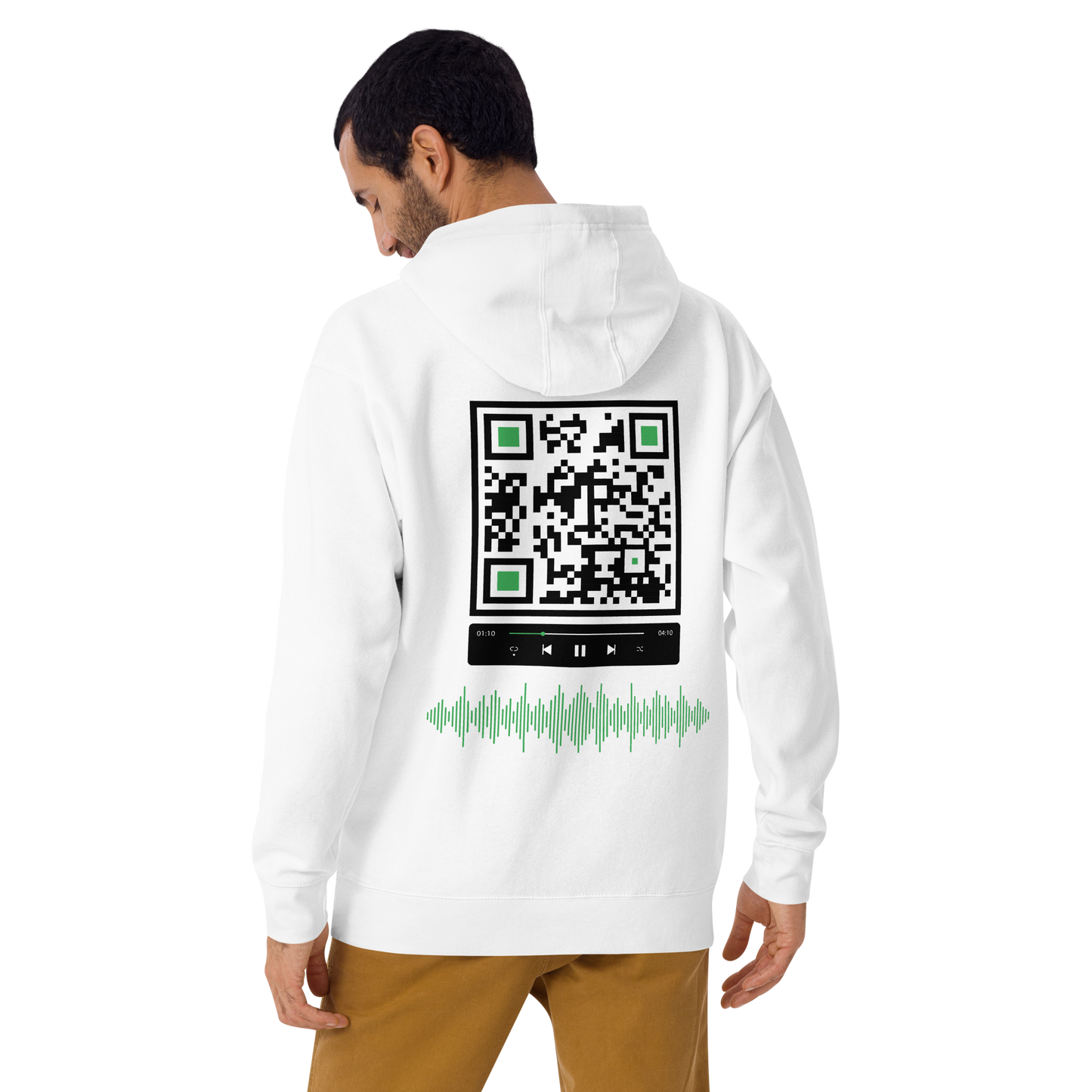 Sweat QR Code connecté Le Lecteur blanc – porté par un homme, vue de dos