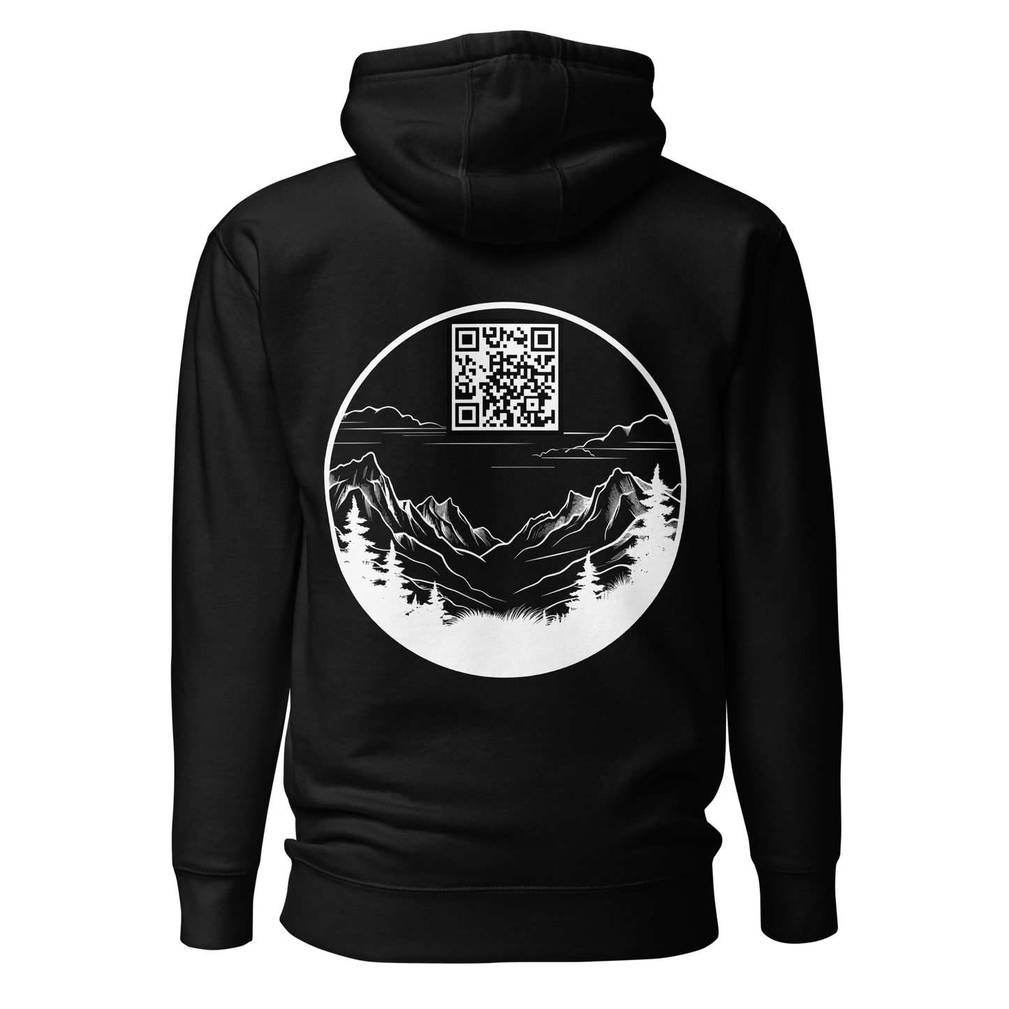 Sweat QR Code original Le Montagnard noir – dos avec QR code intégré dans ciel de montagne