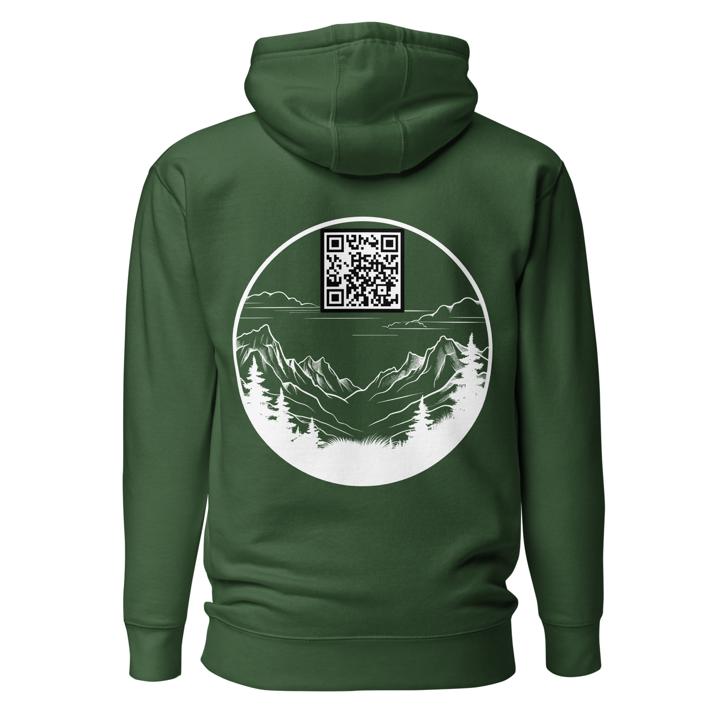 Sweat QR Code original Le Montagnard vert forêt – dos avec QR code intégré dans design montagne