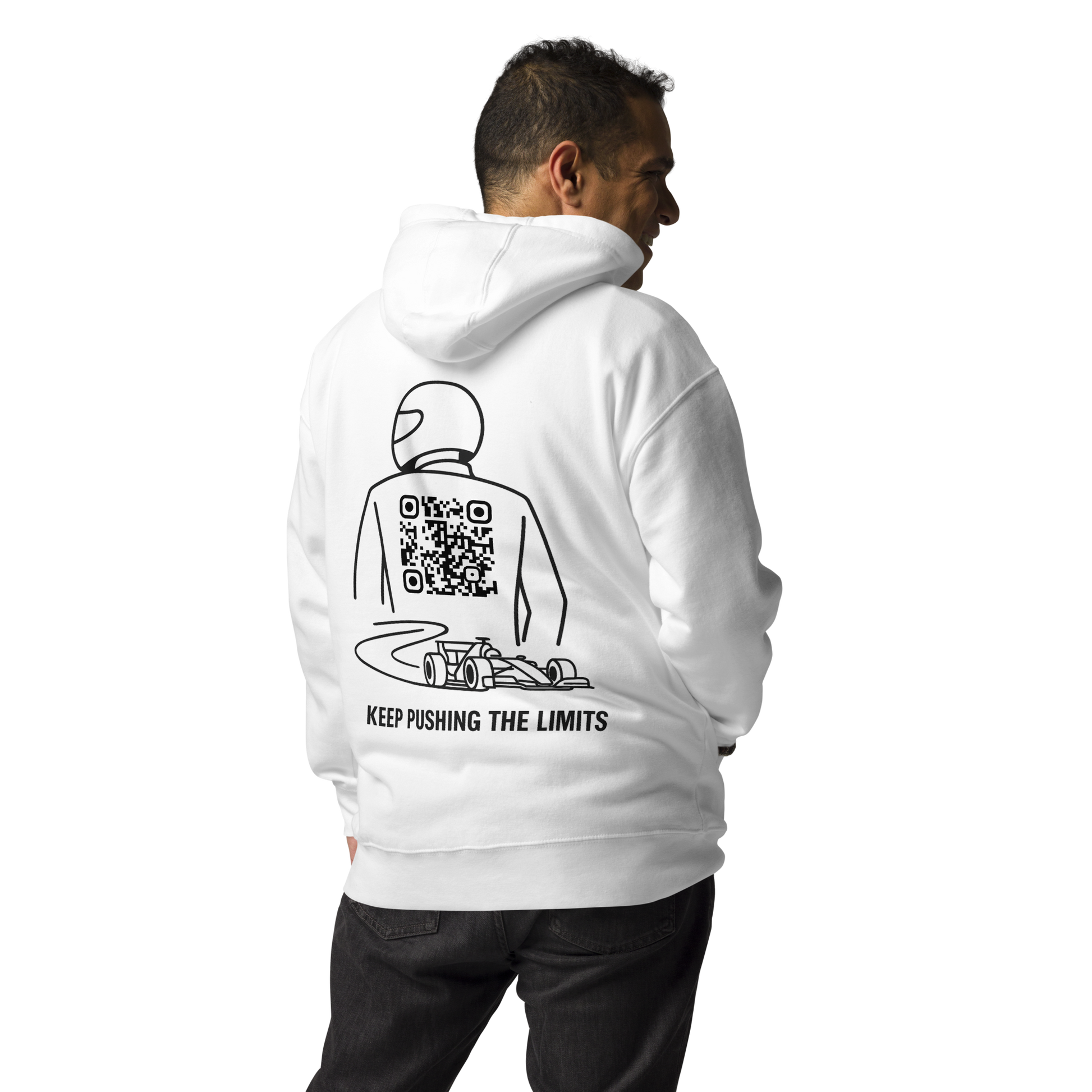 Sweat QR Code Le Pilote blanc – porté par un homme, vue de dos pilote de course
