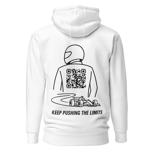 Sweat QR Code connecté Le Pilote blanc – dos avec pilote et QR code “Keep Pushing The Limits”