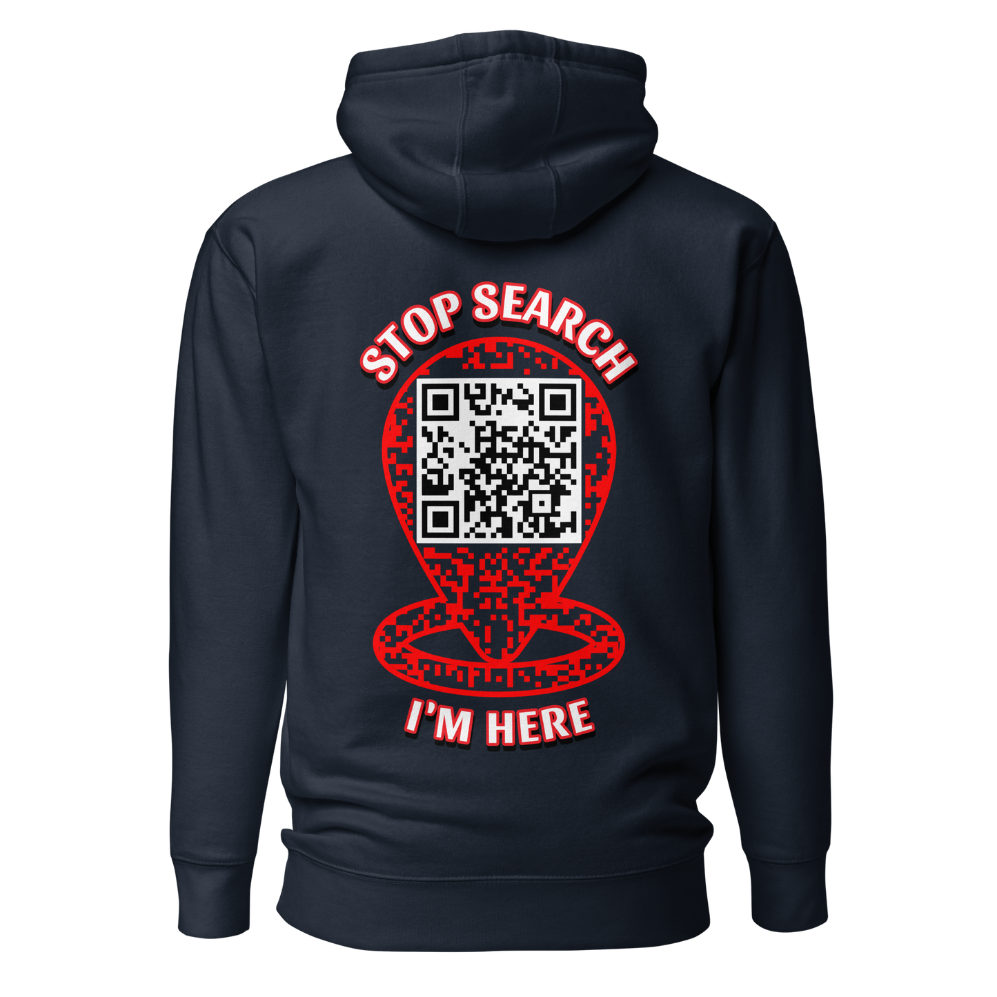 Sweat QR Code original Le Pointeur navy blazer – dos avec phrase Stop Search I'm Here