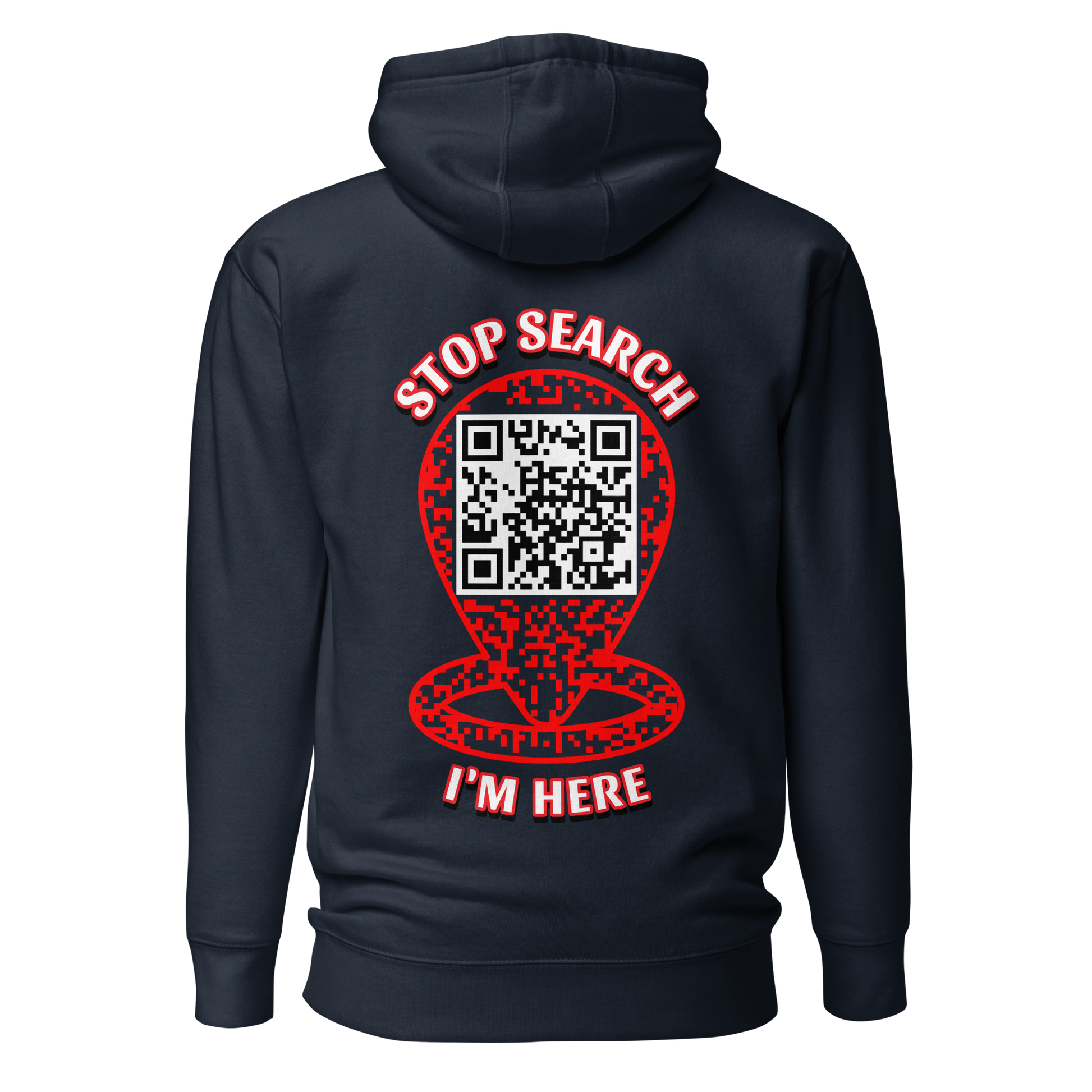 Sweat QR Code original Le Pointeur navy blazer – dos avec phrase Stop Search I'm Here