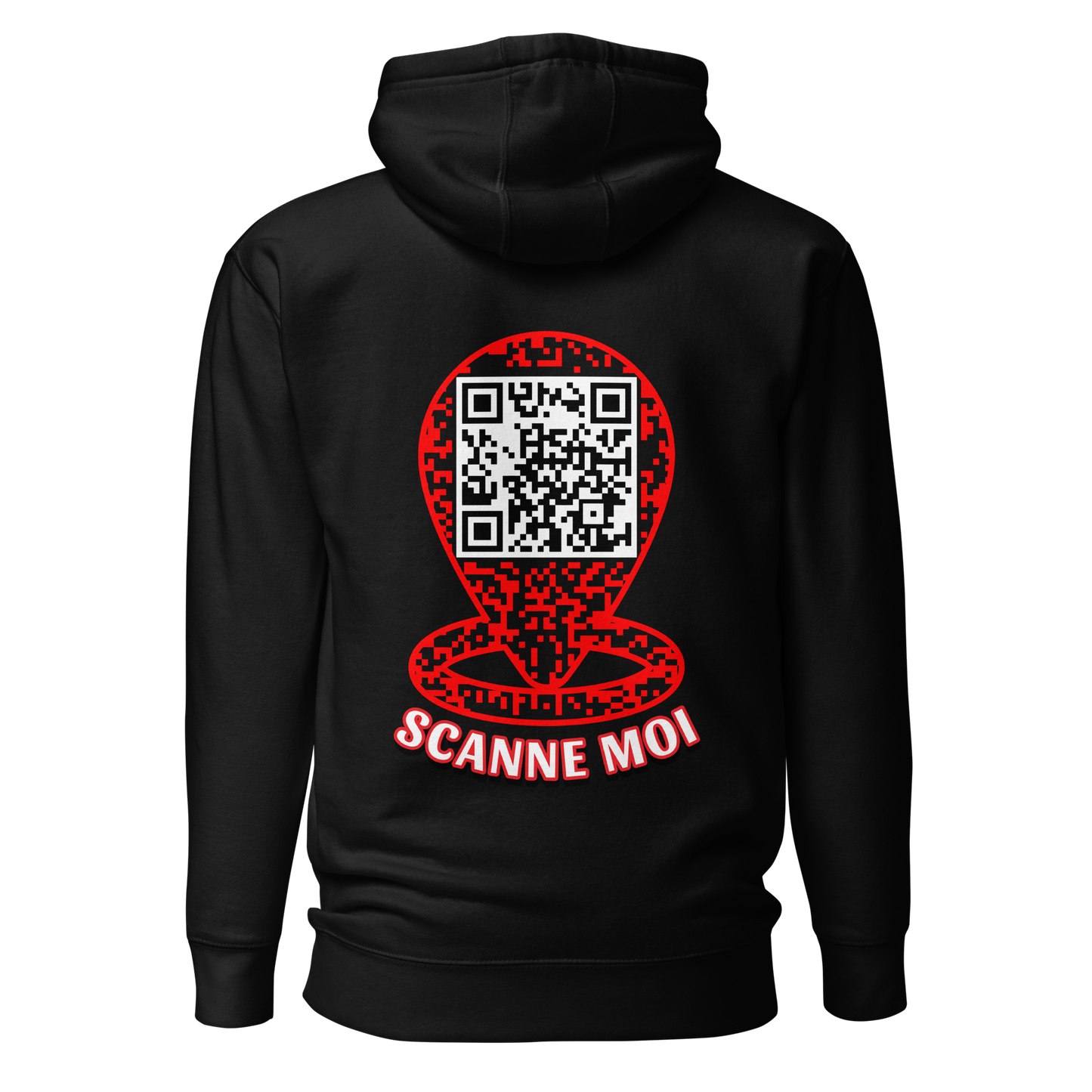 Sweat QR Code personnalisé Le Pointeur noir – dos avec phrase Scanne Moi