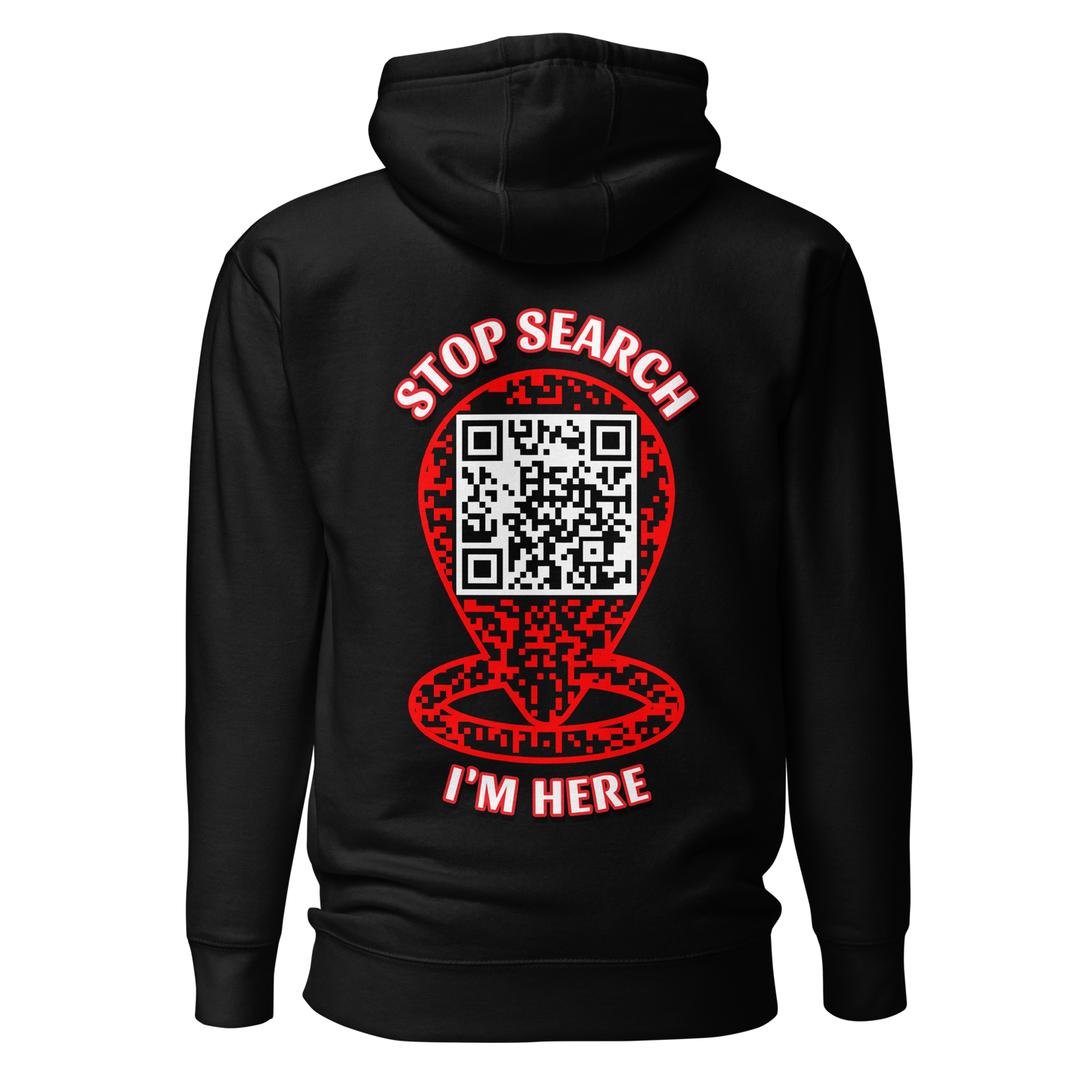 Sweat QR Code original Le Pointeur noir – dos avec phrase Stop Search I'm Here