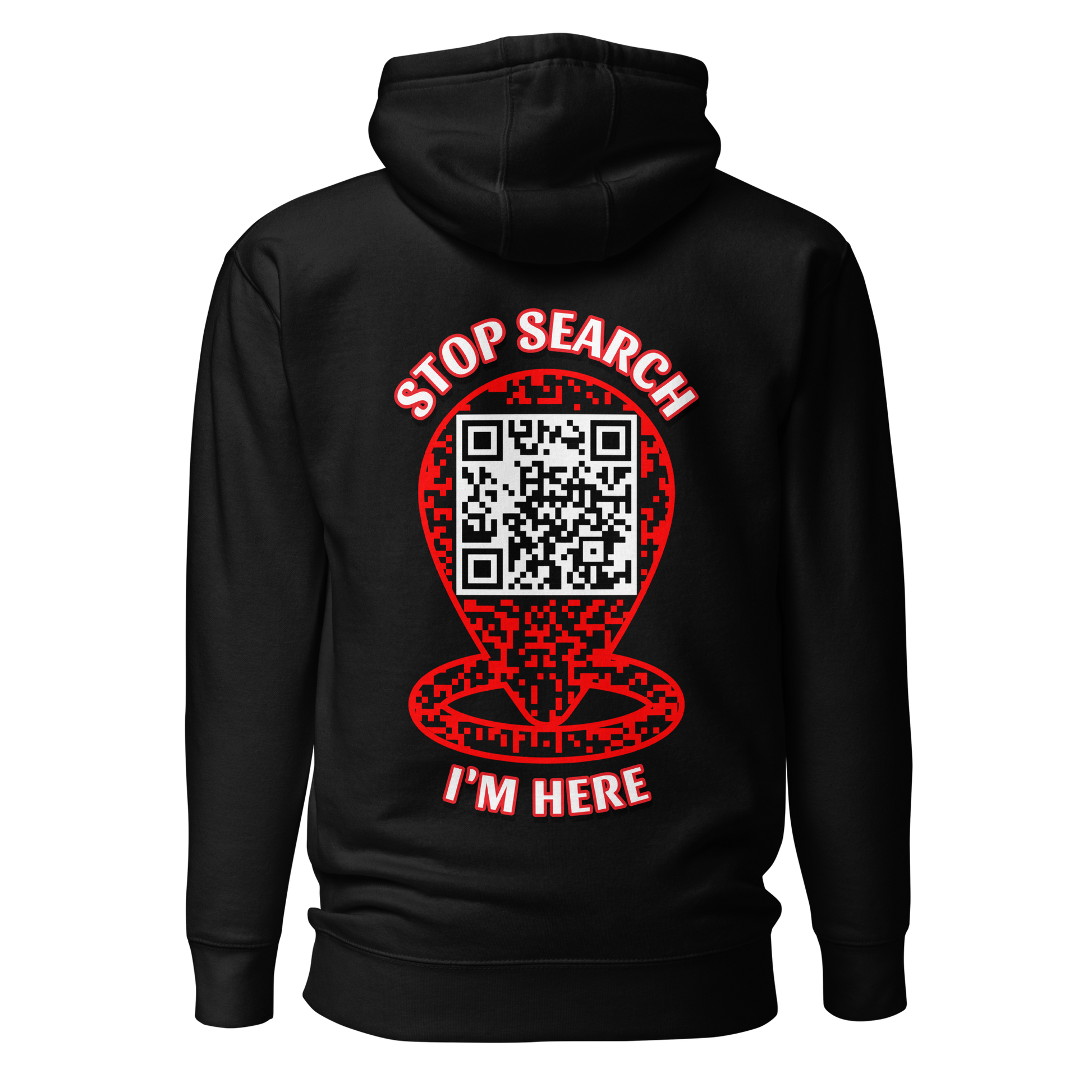 Sweat QR Code original Le Pointeur noir – dos avec phrase Stop Search I'm Here