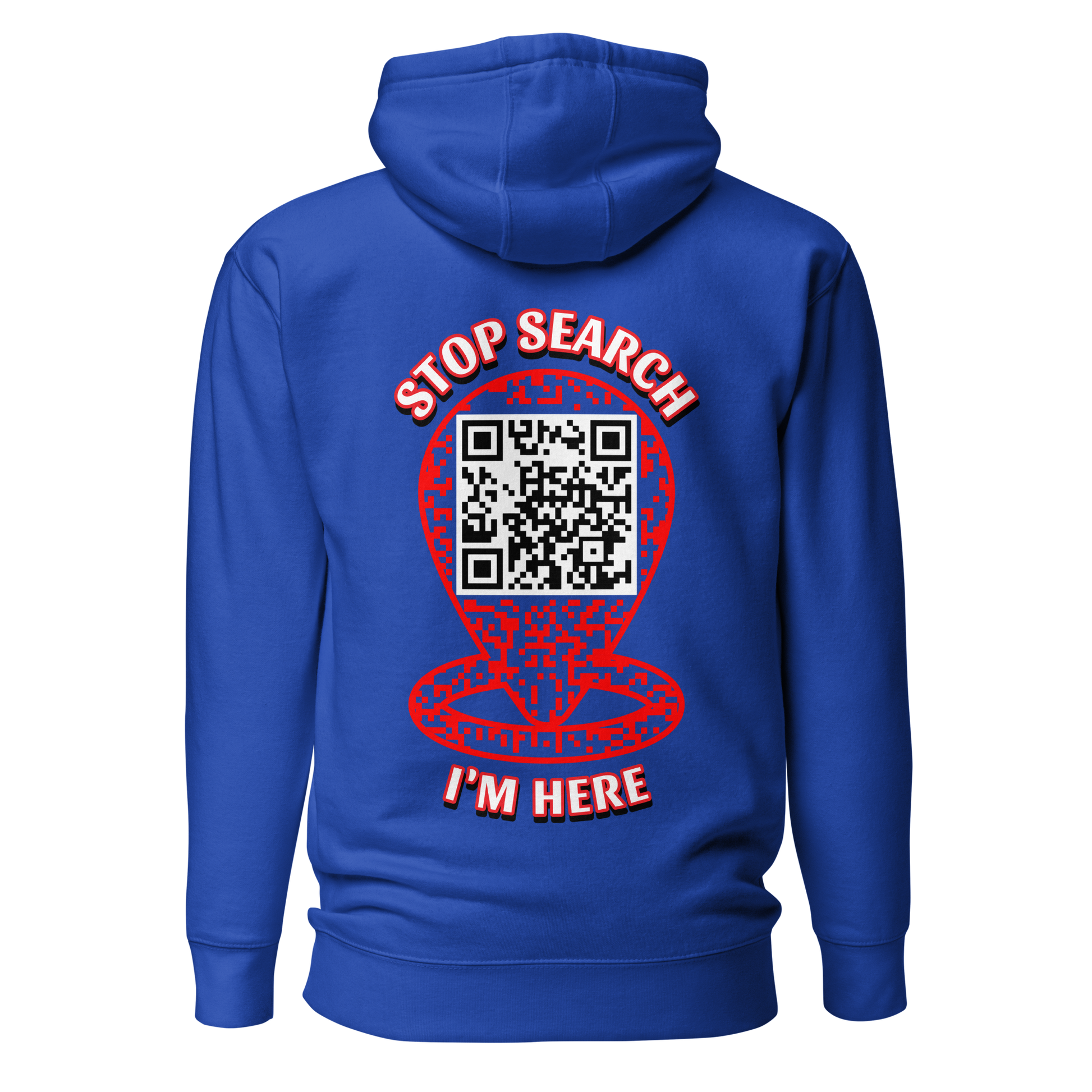 Sweat QR Code original Le Pointeur team royal – dos avec phrase Stop Search I'm Here
