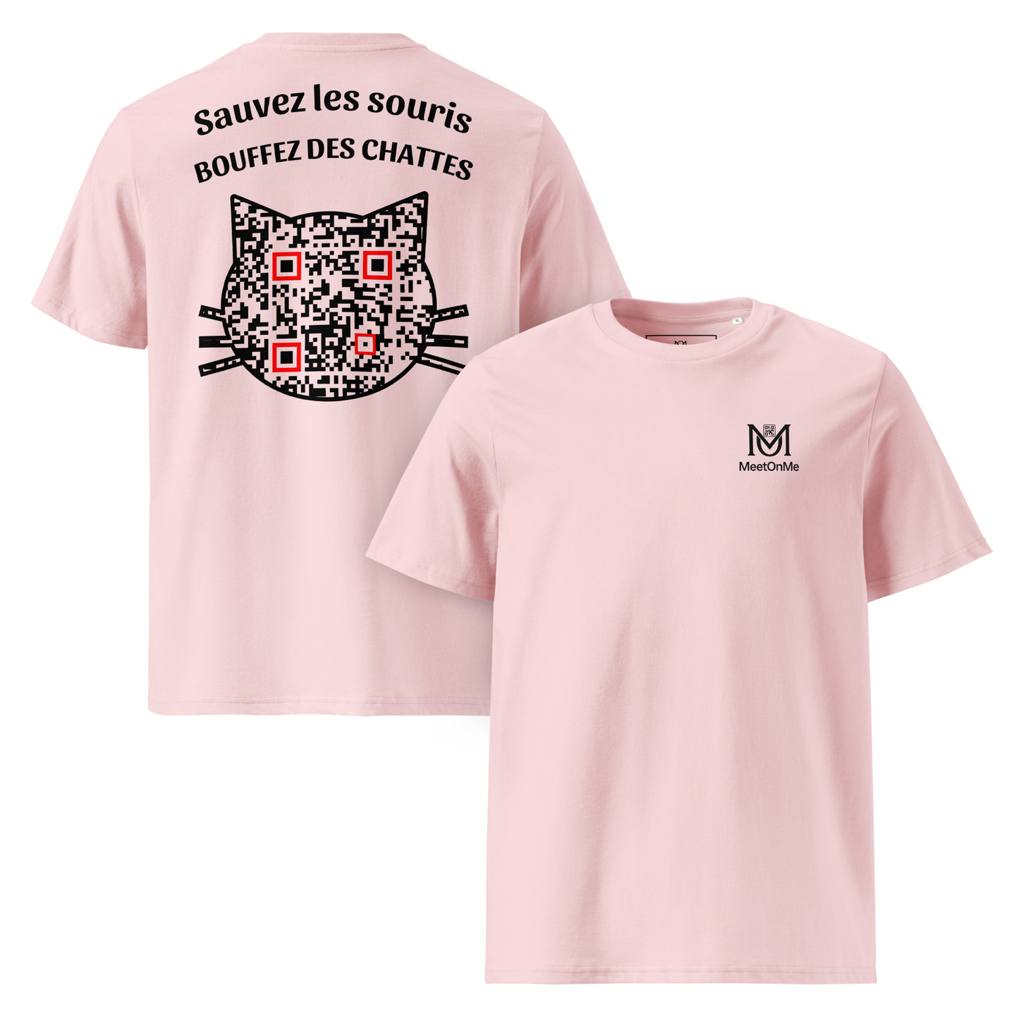 T-shirt QR Code humoristique Les Sauveurs – modèle rose avant et arrière