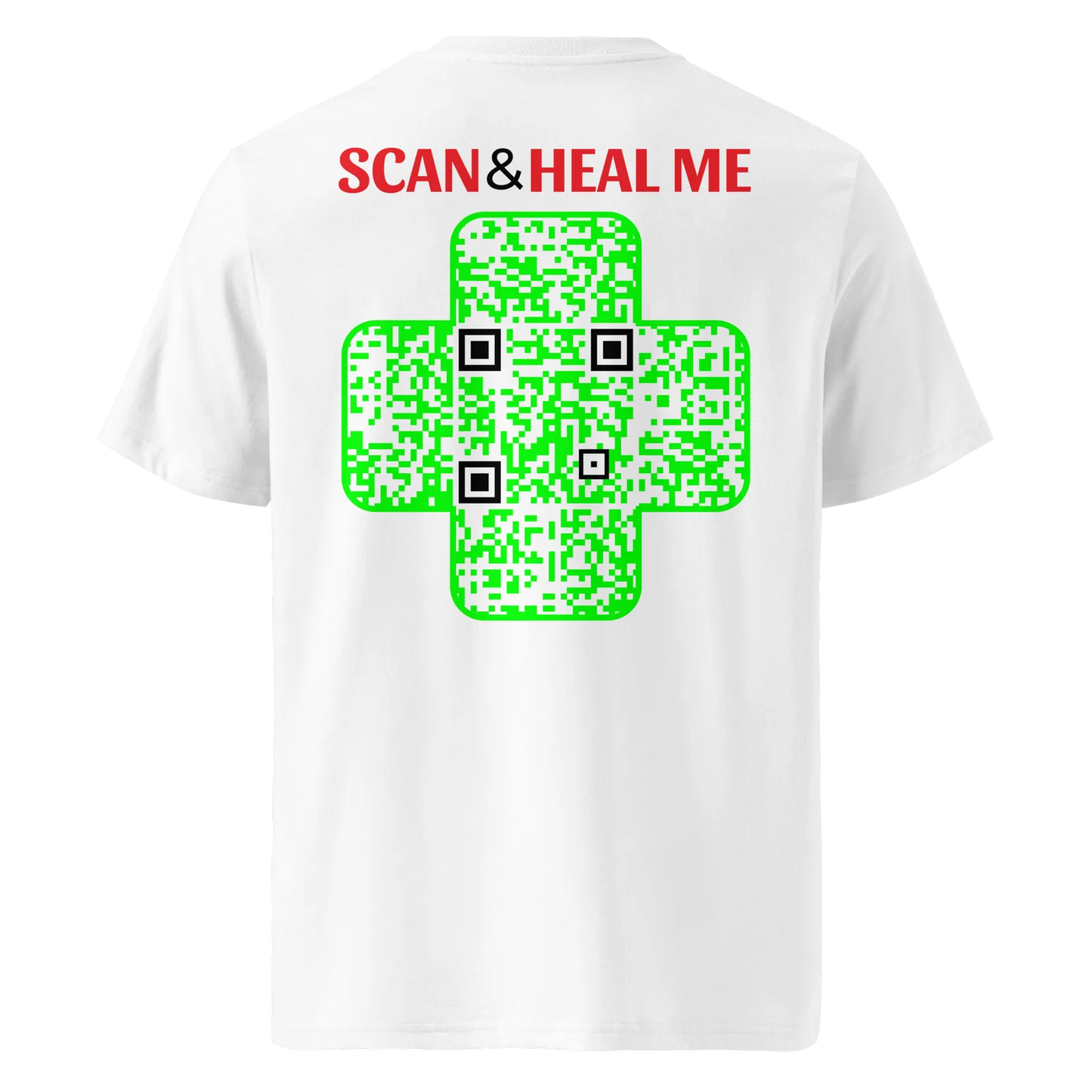T-shirt QR Code personnalisé La Croix Verte – dos avec texte Scan and heal me