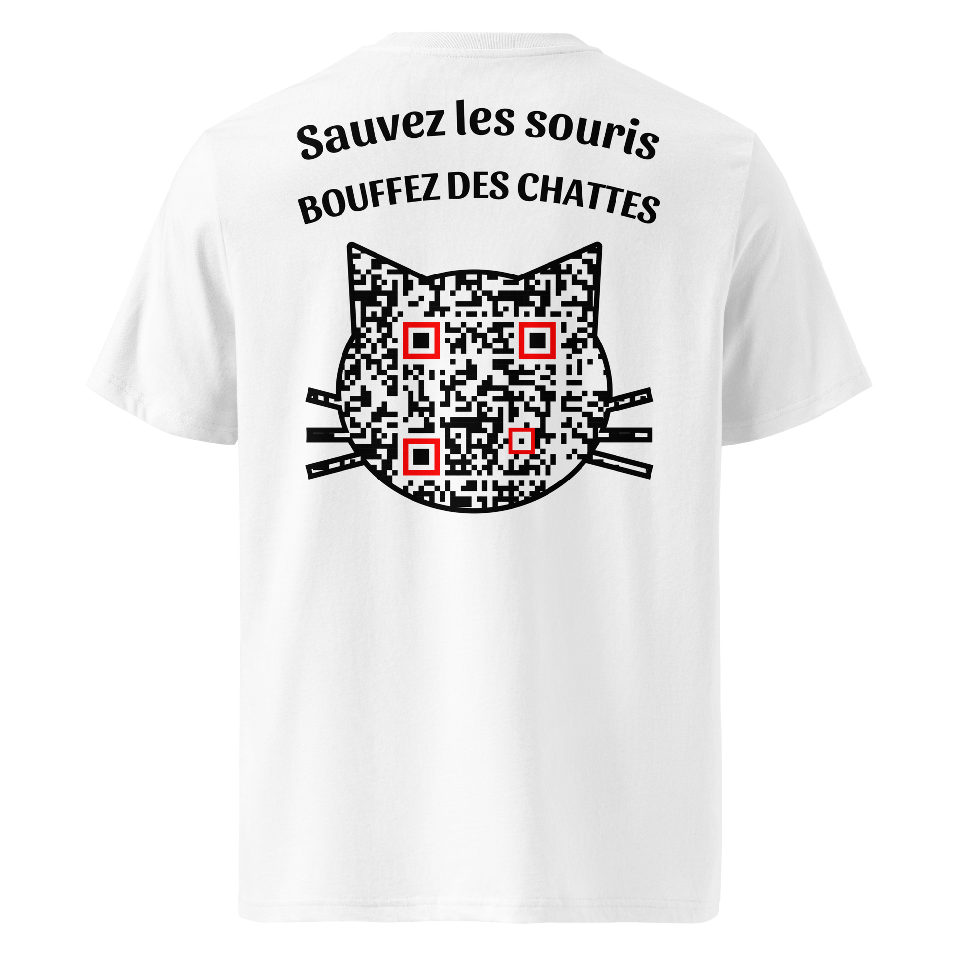T-shirt QR Code Les Sauveurs blanc – dos avec QR code intégré et slogan provocateur
