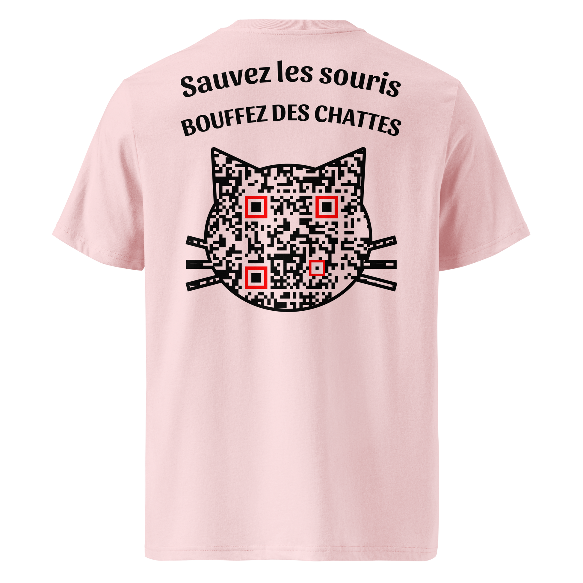 T-shirt QR Code Les Sauveurs rose – dos avec QR code et message “Sauvez les souris, bouffez des chattes”