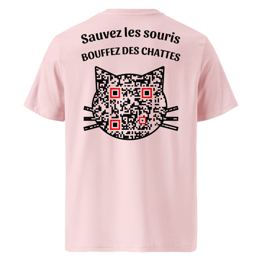T-shirt QR Code Les Sauveurs rose – dos avec QR code et message “Sauvez les souris, bouffez des chattes”
