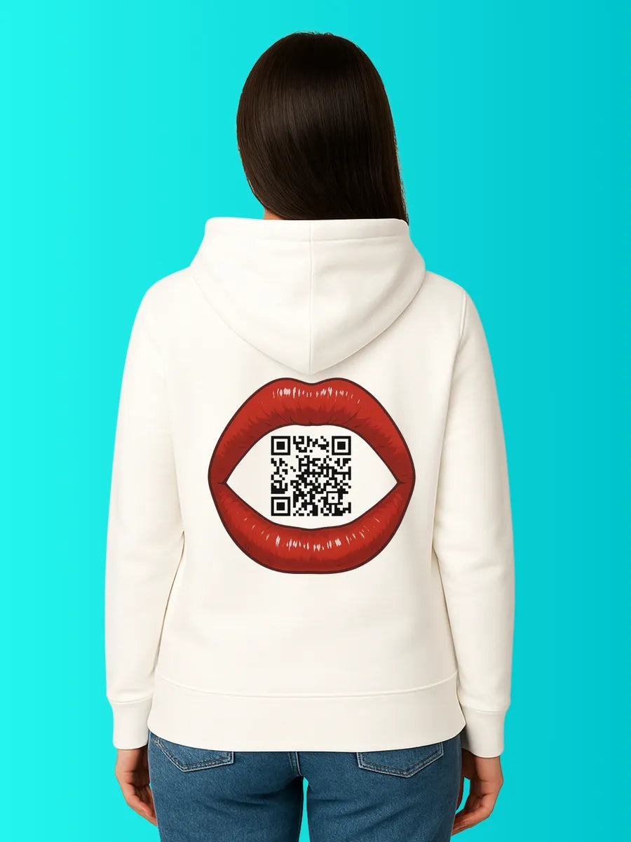 Sweat QR Code La Bouche blanc – porté femme dos