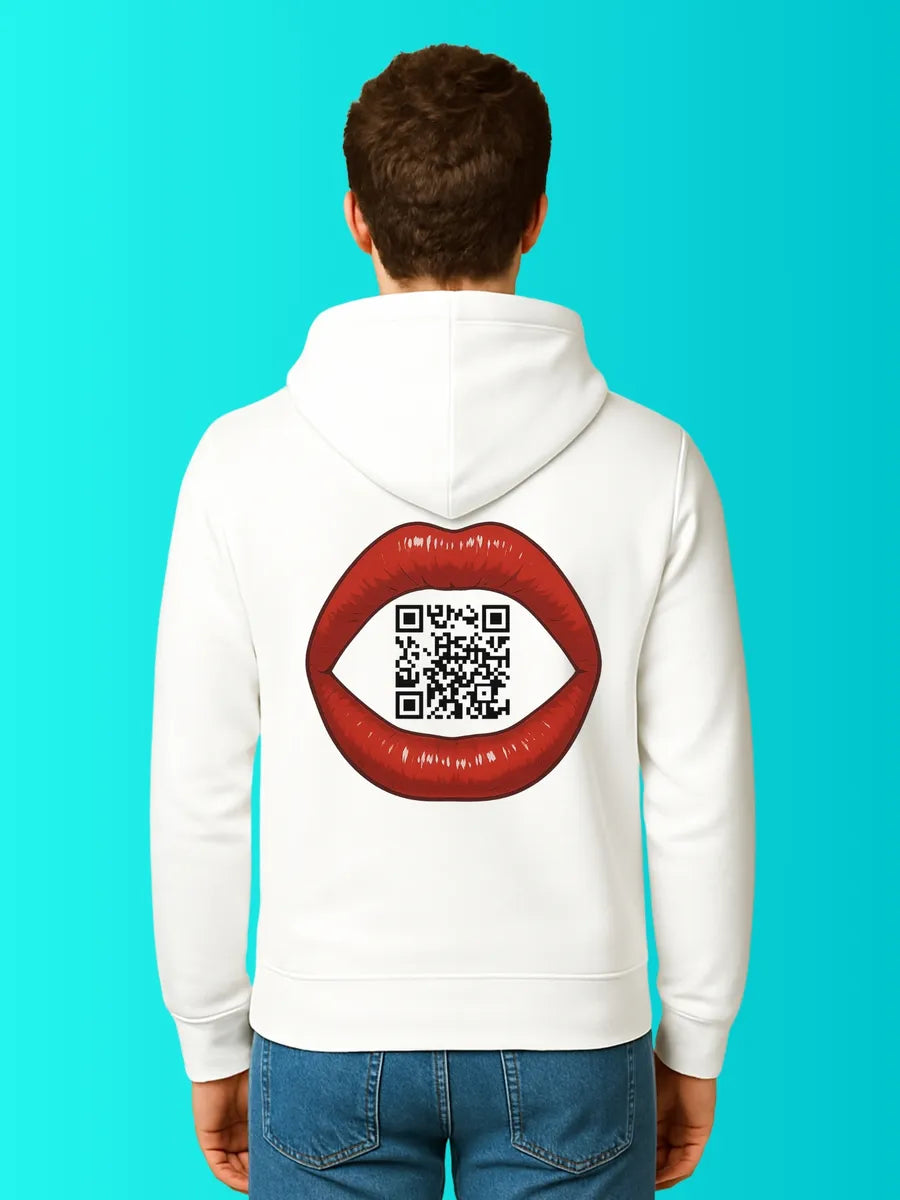 Sweat QR Code La Bouche blanc – porté homme dos