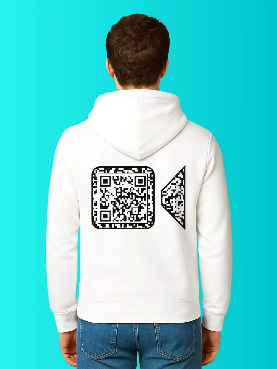 Sweat QR Code La Camera Blanc – sans phrase porté homme dos