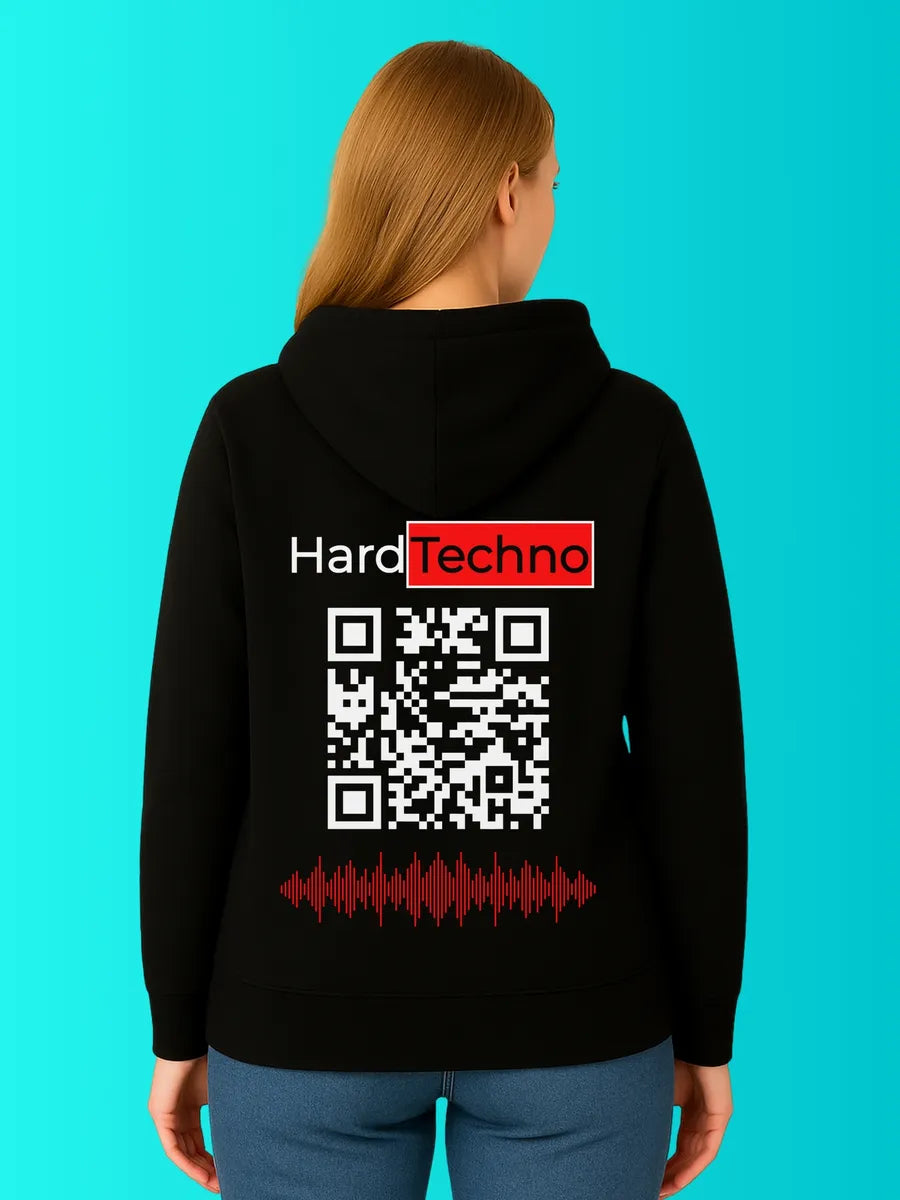 Sweat QR Code Le Hard Techno Rouge – porté femme dos