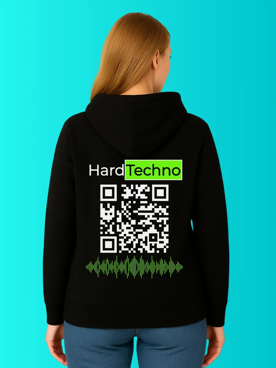 Sweat QR Code Le Hard Techno Vert – porté femme dos