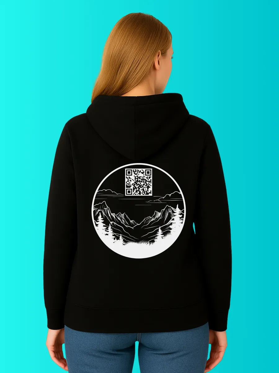 Sweat QR Code Le Montagnard Noir – porté femme dos
