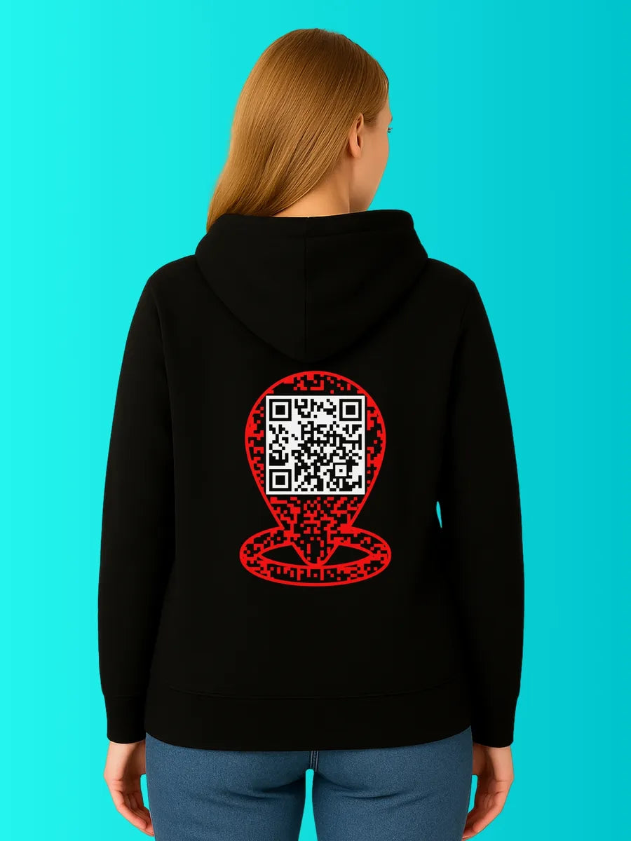 Sweat QR Code Le Pointeur Noir – sans phrase porté femme dos