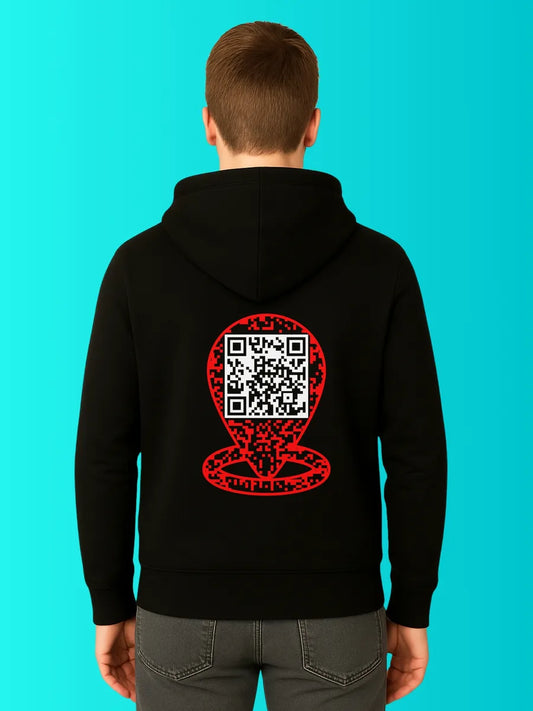 Sweat QR Code Le Pointeur Noir – sans phrase porté homme dos