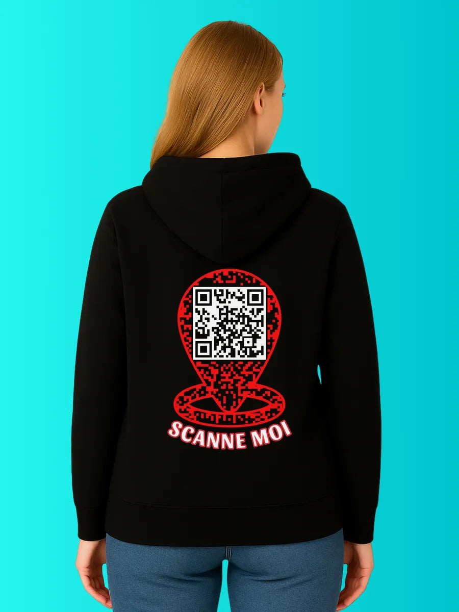 Sweat QR Code Le Pointeur Noir – scanne moi porté femme dos