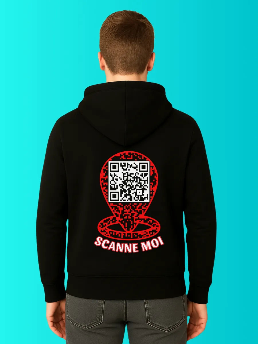 Sweat QR Code Le Pointeur Noir – scanne moi porté homme dos