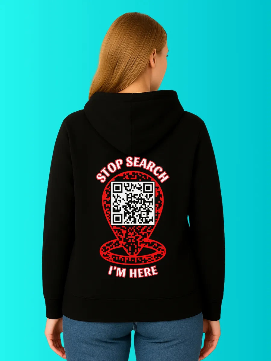Sweat QR Code Le Pointeur Noir – Stop search im here porté femme dos