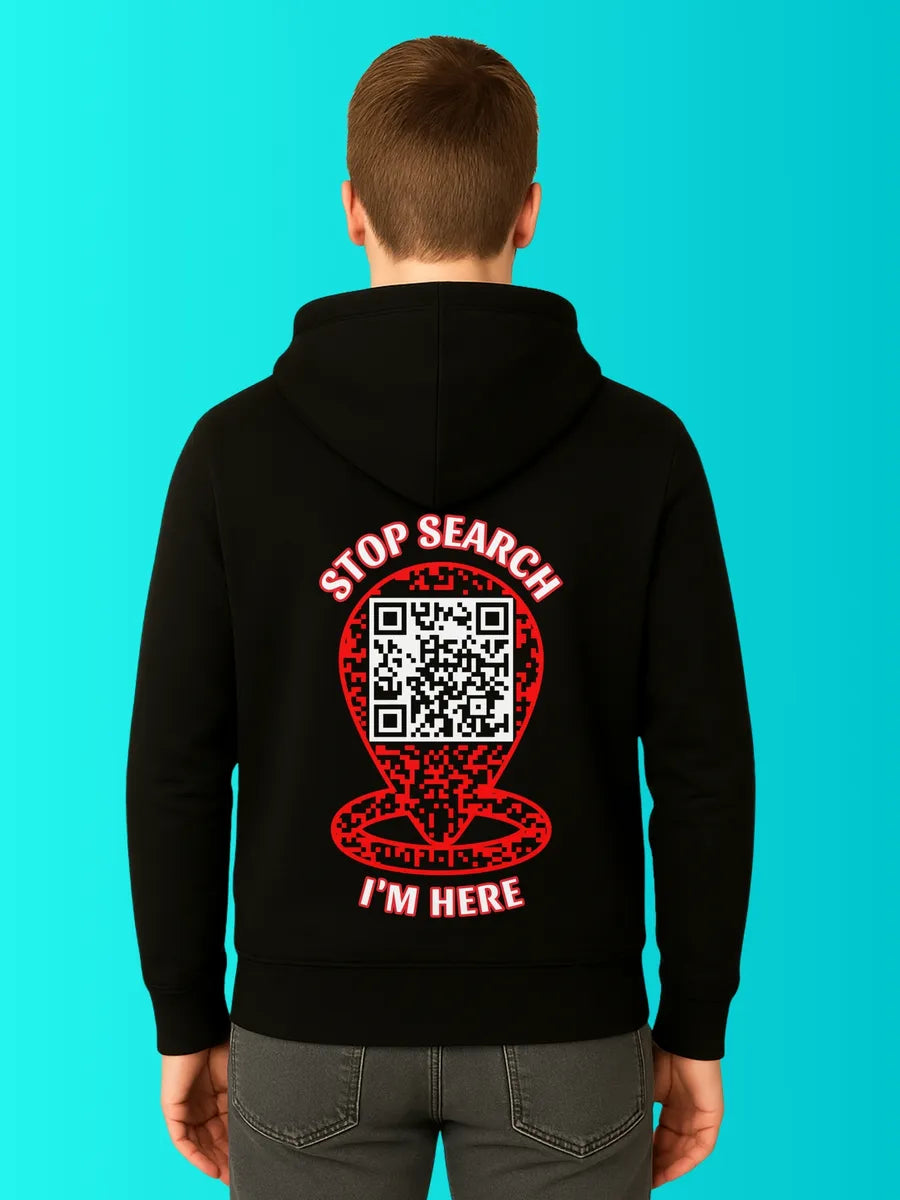 Sweat QR Code Le Pointeur Noir – Stop search im here porté homme dos