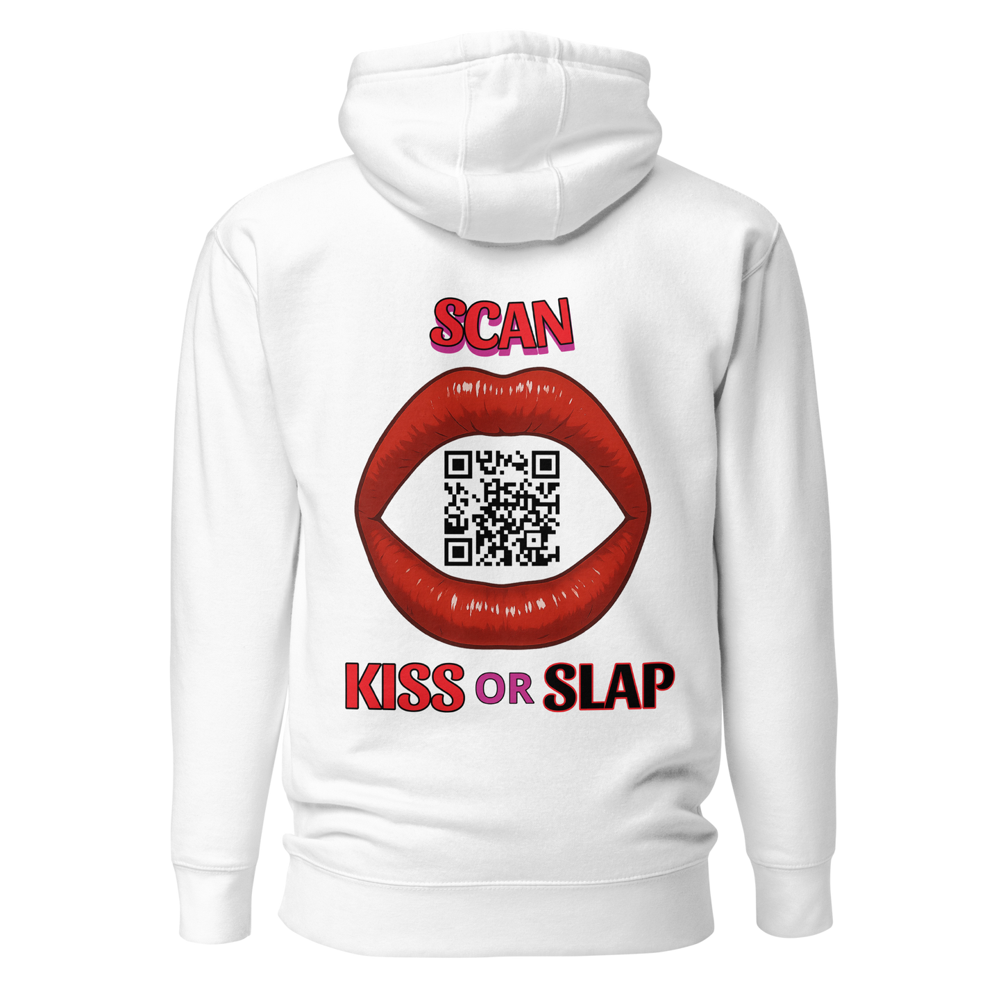Sweat QR Code original La Bouche blanc – dos avec phrase Scan Kiss or Slap