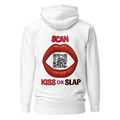 Sweat QR Code original La Bouche blanc – dos avec phrase Scan Kiss or Slap