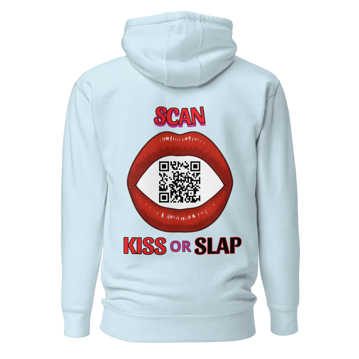 Sweat QR Code original La Bouche bleu – dos avec phrase Scan Kiss or Slap