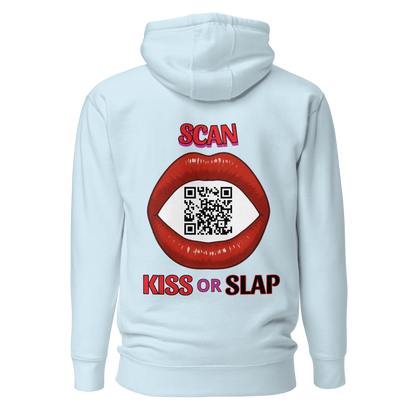 Sweat QR Code original La Bouche bleu – dos avec phrase Scan Kiss or Slap