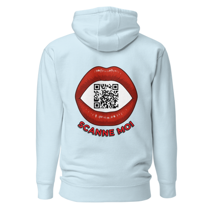Sweat QR Code personnalisé La Bouche bleu – dos avec phrase Scannez Moi