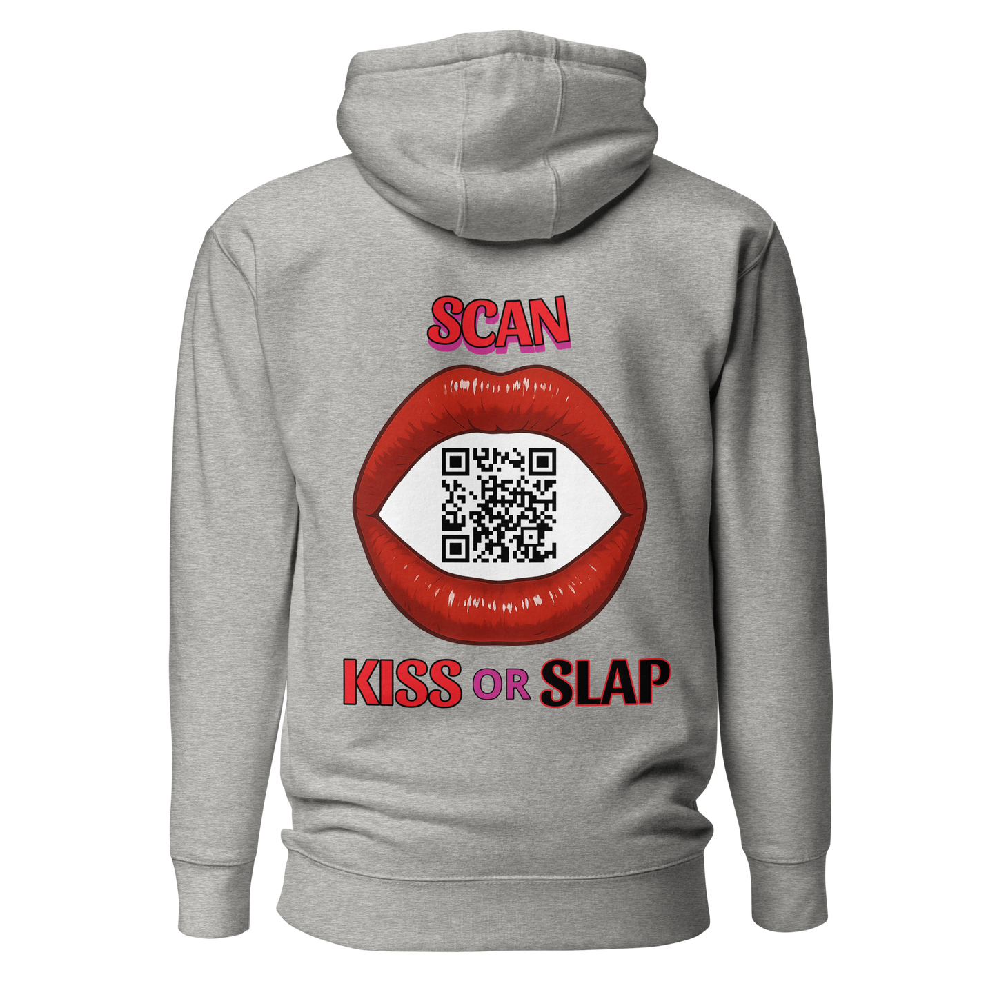 Sweat QR Code original La Bouche gris – dos avec phrase Scan Kiss or Slap