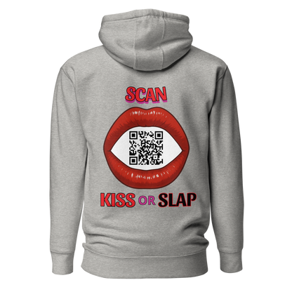 Sweat QR Code original La Bouche gris – dos avec phrase Scan Kiss or Slap