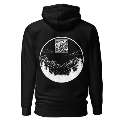 Sweat QR Code original Le Montagnard noir – dos avec QR code intégré dans ciel de montagne
