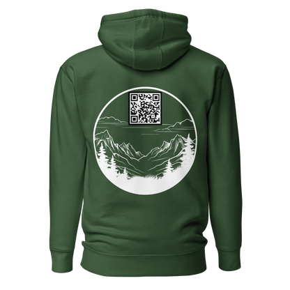 Sweat QR Code original Le Montagnard vert forêt – dos avec QR code intégré dans design montagne