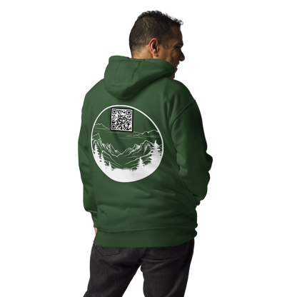 Sweat QR Code Le Montagnard vert forêt – porté par un homme, dos avec visuel montagne