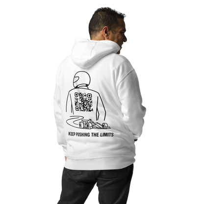 Sweat QR Code Le Pilote blanc – porté par un homme, vue de dos pilote de course