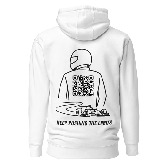 Sweat QR Code connecté Le Pilote blanc – dos avec pilote et QR code “Keep Pushing The Limits”