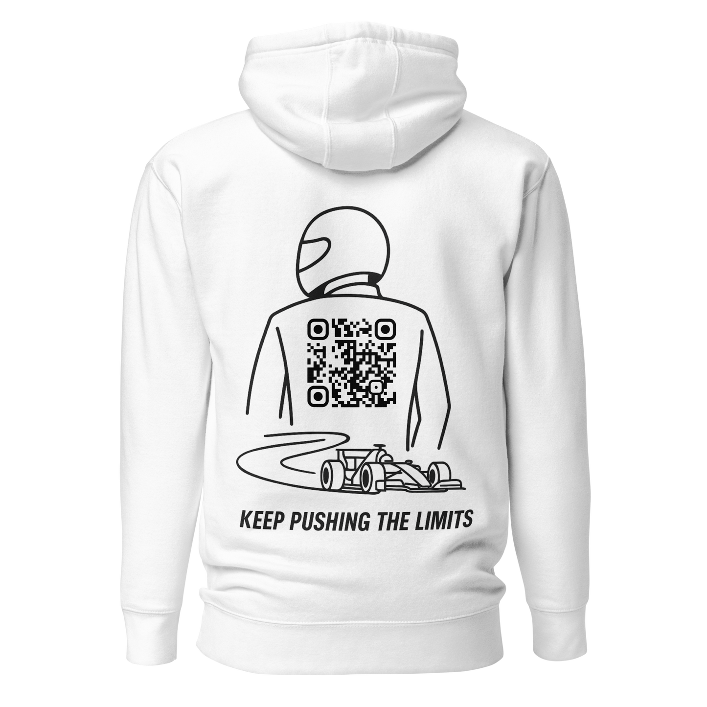 Sweat QR Code connecté Le Pilote blanc – dos avec pilote et QR code “Keep Pushing The Limits”