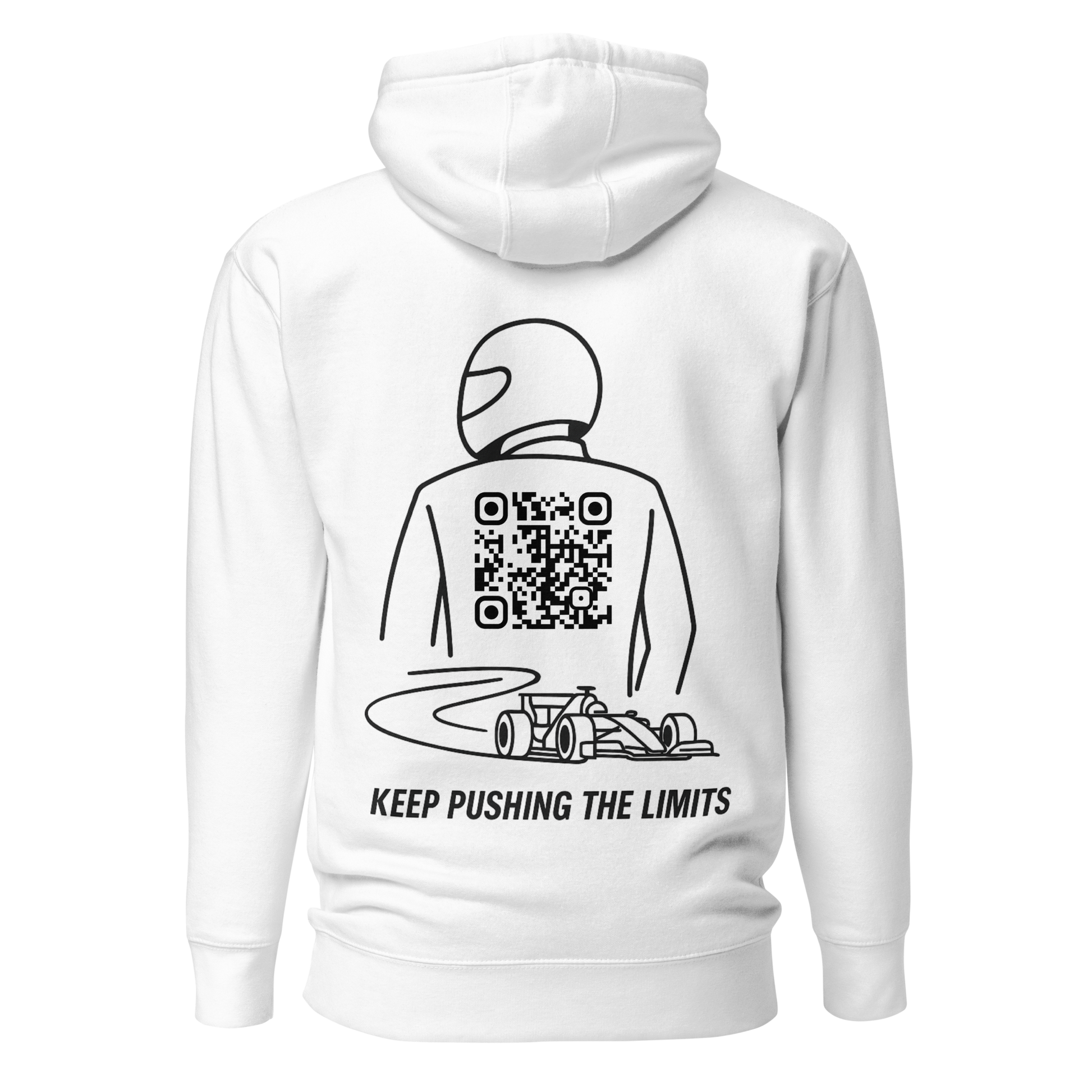 Sweat QR Code connecté Le Pilote blanc – dos avec pilote et QR code “Keep Pushing The Limits”