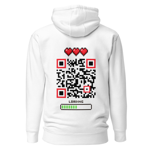 Sweat QR Code original Le Player One blanc – dos avec QR code style pixel rétro
