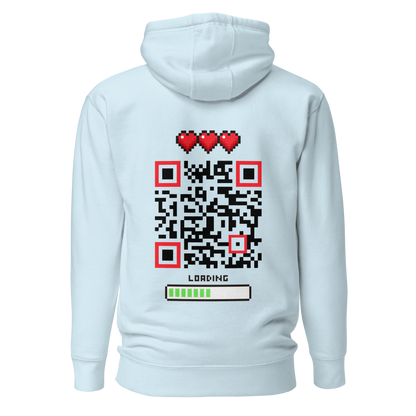 Sweat QR Code original Le Player One bleu – dos avec QR code central pixel art