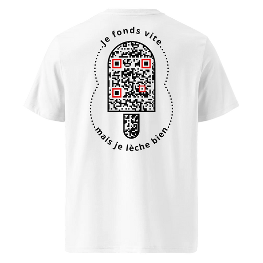 T-shirt QR Code provocateur Le Fondant – modèle blanc dos
